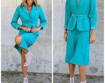 Turquoise Blue Suede Suit SET blazer +skirt belt S M