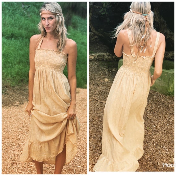 Boho hippie peasant Maxi Dress Smocked S M