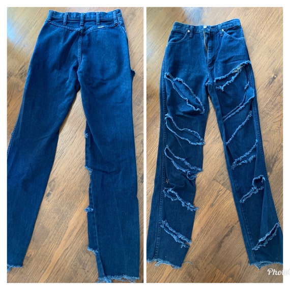 70s 80s high waist wrangler jeans dark wash distr… - image 6
