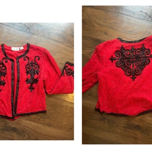 80s Red & black Beaded sequin Glam Sexy Jacket Rock n Roll Space Cowgirl Glitz S M image 2