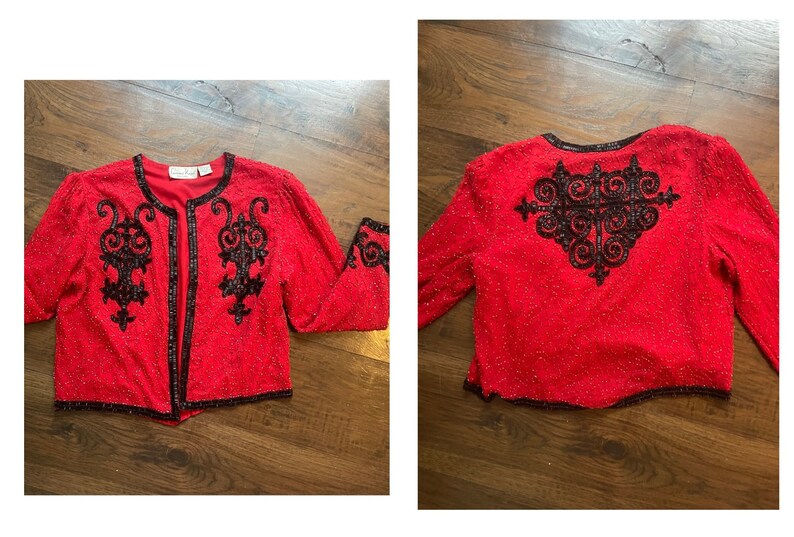 80s Red & black Beaded sequin Glam Sexy Jacket Rock n Roll Space Cowgirl Glitz S M image 2