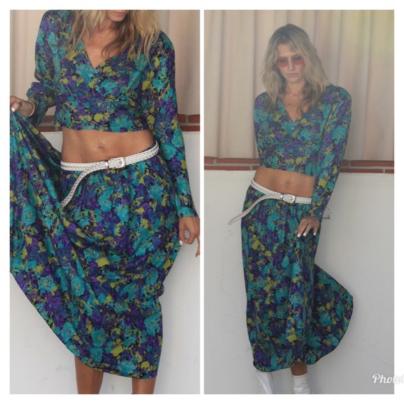 80s Floral 2 Piece Set skirt & Top puff sleeve S M - image 1