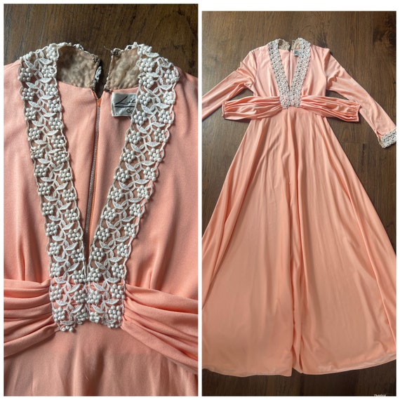 Designer Lillie Rubin 70s coral Maxi Dress Lace d… - image 8
