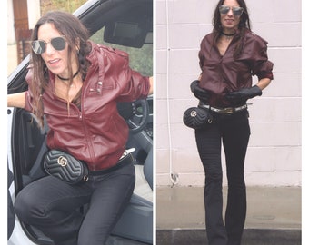 Vintage 80s Sexy Maroon Leather jacket Moto Motorcycle Rocker coat -M