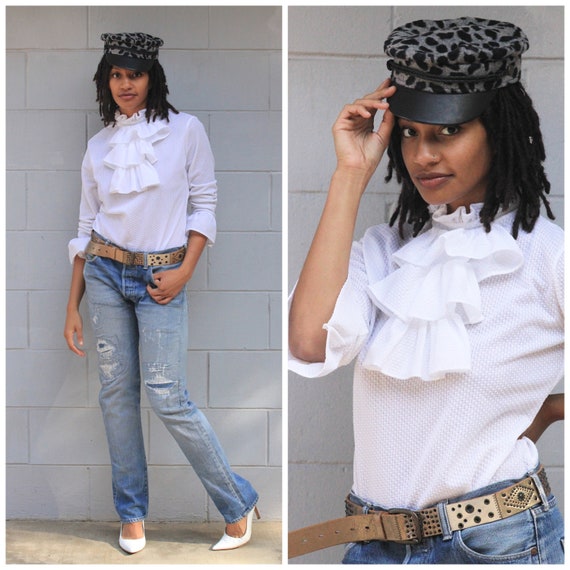 Vintage 70s white ruffle bodysuit top blouse boho