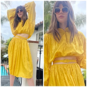 80s two Piece Set 80s Yellow Upcycled Skirt Top w/Belt S M image 1