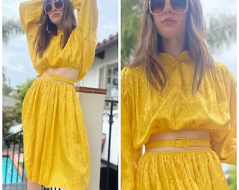 80s two Piece Set 80s Yellow Upcycled Skirt Top w/Belt S M