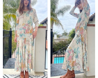 80s Watercolor Carole Little Drop waist Boho Maxi Dress Flowy M