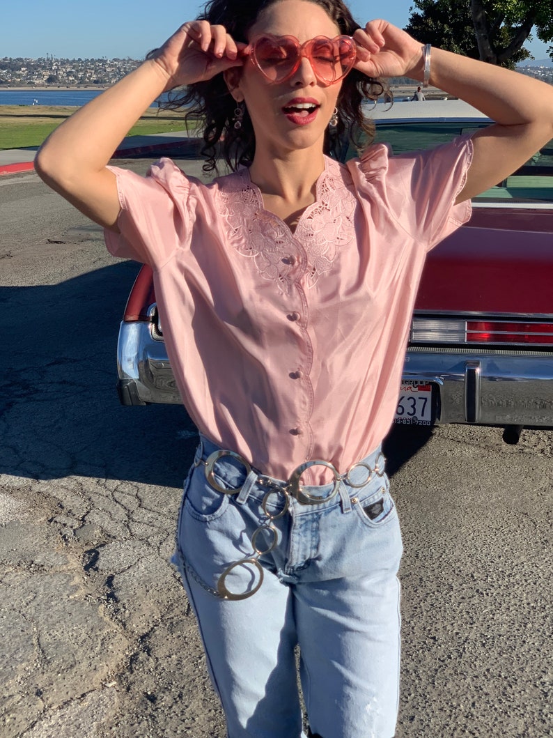 Pink 80s 90s dainty flirty blouse top S