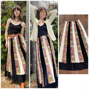 70s Daisy Jones Exquisite Maxi Skirt Boho Patchwork Paisley Lace Velvet S M image 2