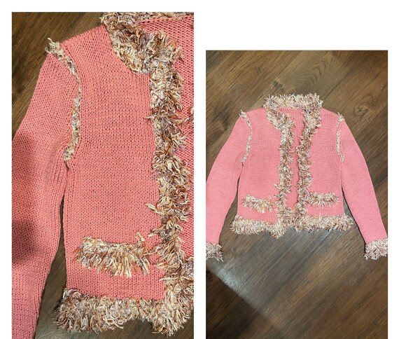 70s 80s Cottage Core Pink Knit cardigan Sweater w… - image 5