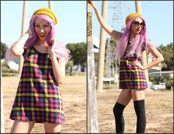 Vintage 80s Plaid School Girl Mini Dress Top Tunic Mod Squad