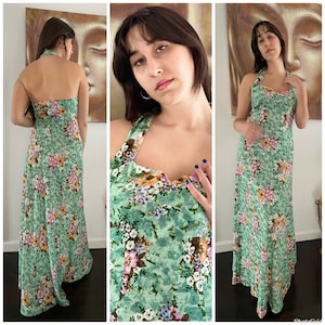 70s floral Halter Dress Maxi Open Back boho goddess Dress S M image 1