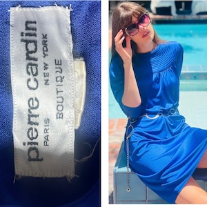 60s 70s Pierre Cardin Designer Royal Blue Slinky Cocktail Dress S M