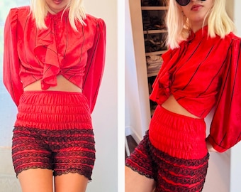 80s Lipstick Red Secretary Blouse Puff Sleeve Dainty Top black stripes S M