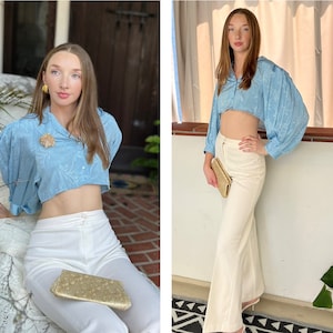 Sky Blue 80s Billow Sleeve Blouse Upcycled Cropped SM