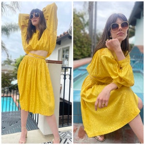 80s two Piece Set 80s Yellow Upcycled Skirt Top w/Belt S M image 3