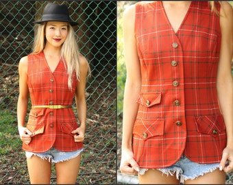 Vtg Vintage 70s Vest Tunic Top Hippie Boho Plaid schoolgirl  XS S M