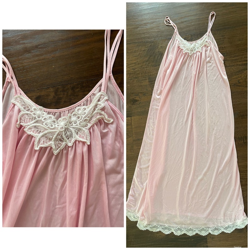 70s super soft Ballet Pink maxi Slip Dress white crochet neckline S M image 6