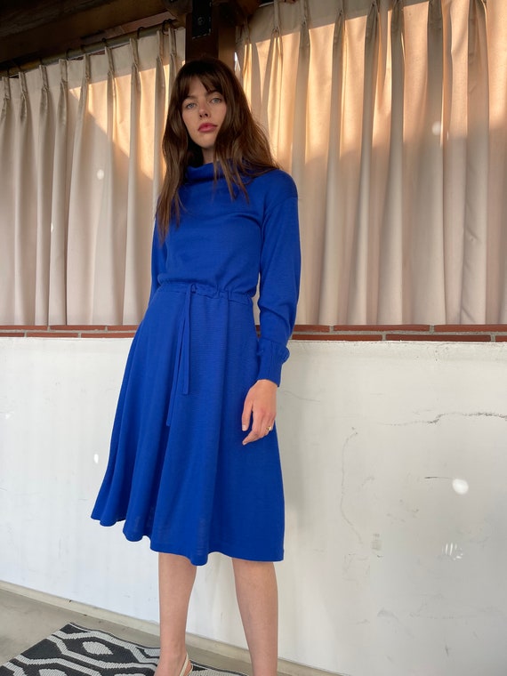 Cozy Stunning 80s Royal Blue Sweater Dress Turtleneck pockets M L Cozy Stunning 80s Royal Blue Sweater Dress Turtleneck pockets M L