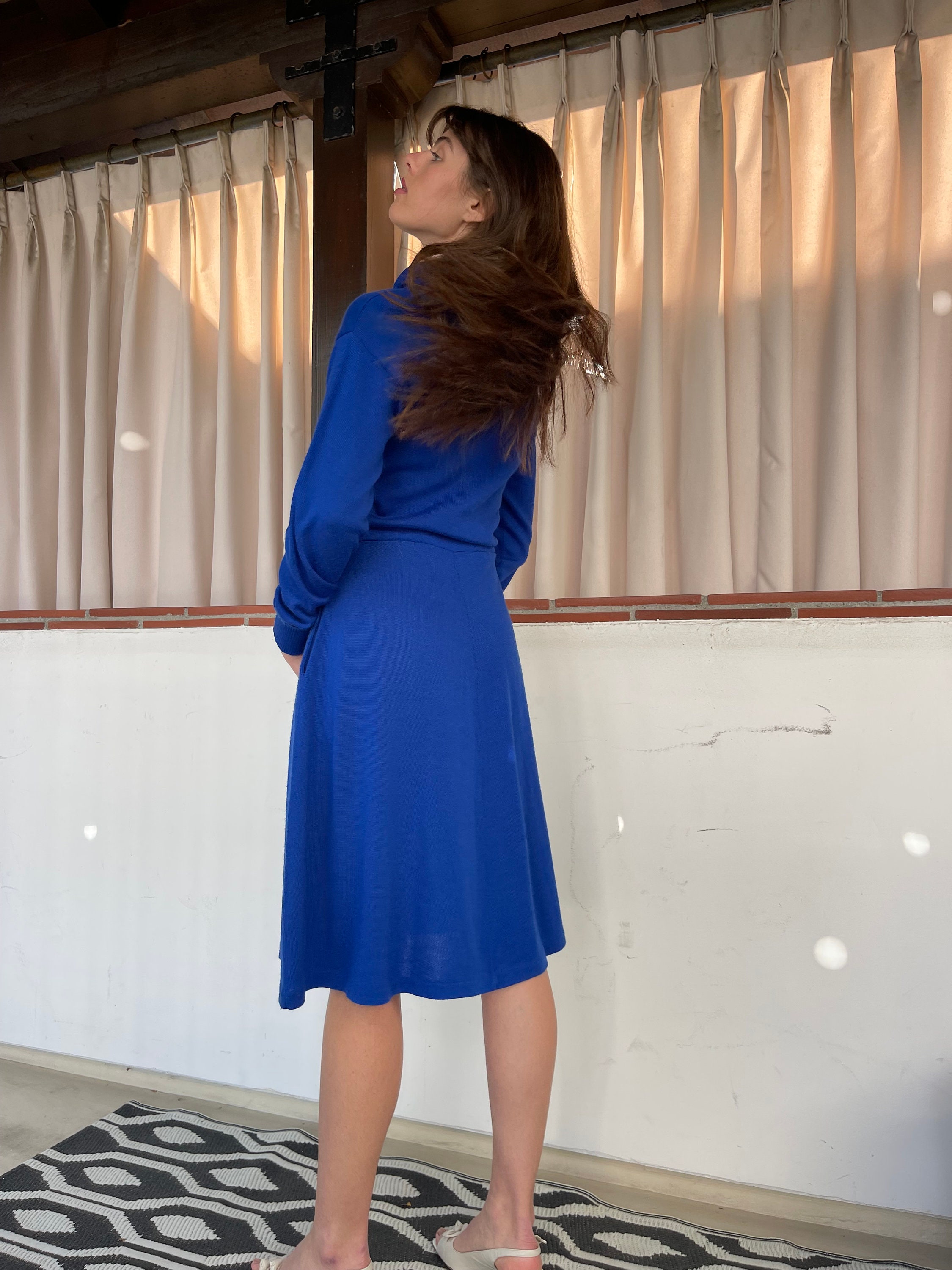 royal blue sweater dress Cozy Stunning 80s Royal Blue Sweater Dress Turtleneck Pockets M L