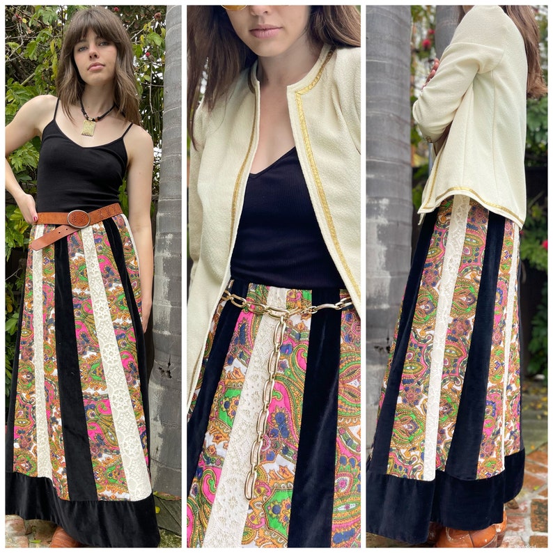 70s Daisy Jones Exquisite Maxi Skirt Boho Patchwork Paisley Lace Velvet S M image 4