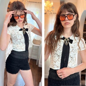 Sweet White Lace Dainty 90s Blouse Top Black Bow Feminine SM