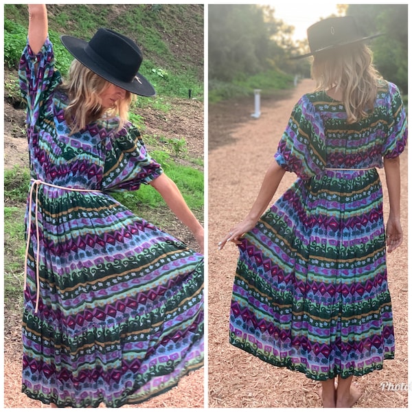 70s 80s Boho Hippie Gauzy House Dress India print S M L