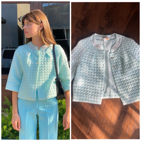 60s 70s Quilted Bed Jacket Cottage Core baby blue… - image 1