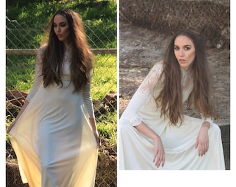 Vintage 70s Boho Coachella Festival Maxi dress grecian goddess XS S white lace