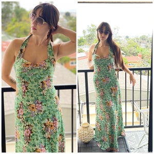 70s floral Halter Dress Maxi Open Back boho goddess Dress S M image 3