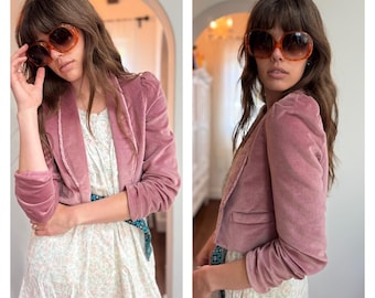 LAVENDER VELVET 70s 80s Cropped Blazer Cottage Core Dainty Trim Jacket Xs S