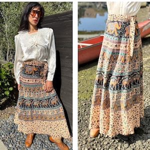 70s Boho Hippie Wrap Maxi Skirt High waist Prarie Peasant Cottage S M
