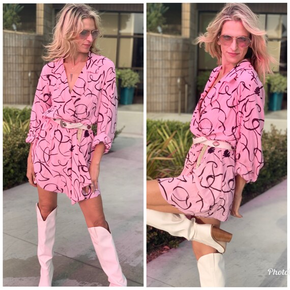 80s pink black graphic print secretary dress s