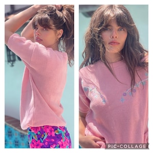 70s 80s Ballet Pink Floral embroidery knit pull over sweater shirt sleeve M