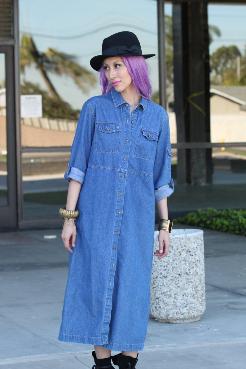 Vintage 80s Denim Jeans Shirt dress Button up XS S M L Indigo blue image 4