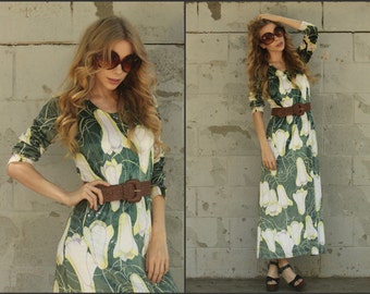 Vintage 70s Velvet Floral Print Maxi Dress Boho Hippie Gypsy XS S M Long sleeves