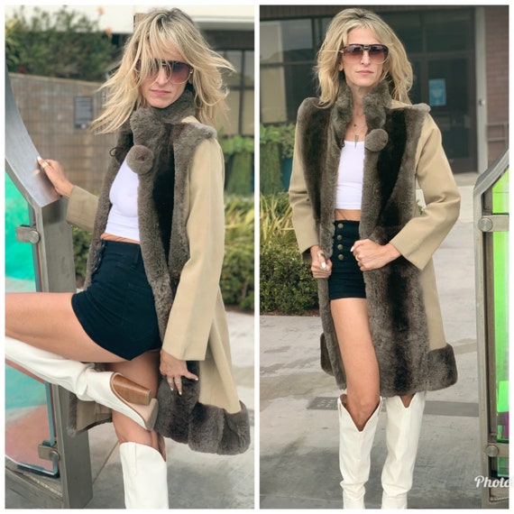 70s Penny Lane Coat Fur Trim & Felt insane S M