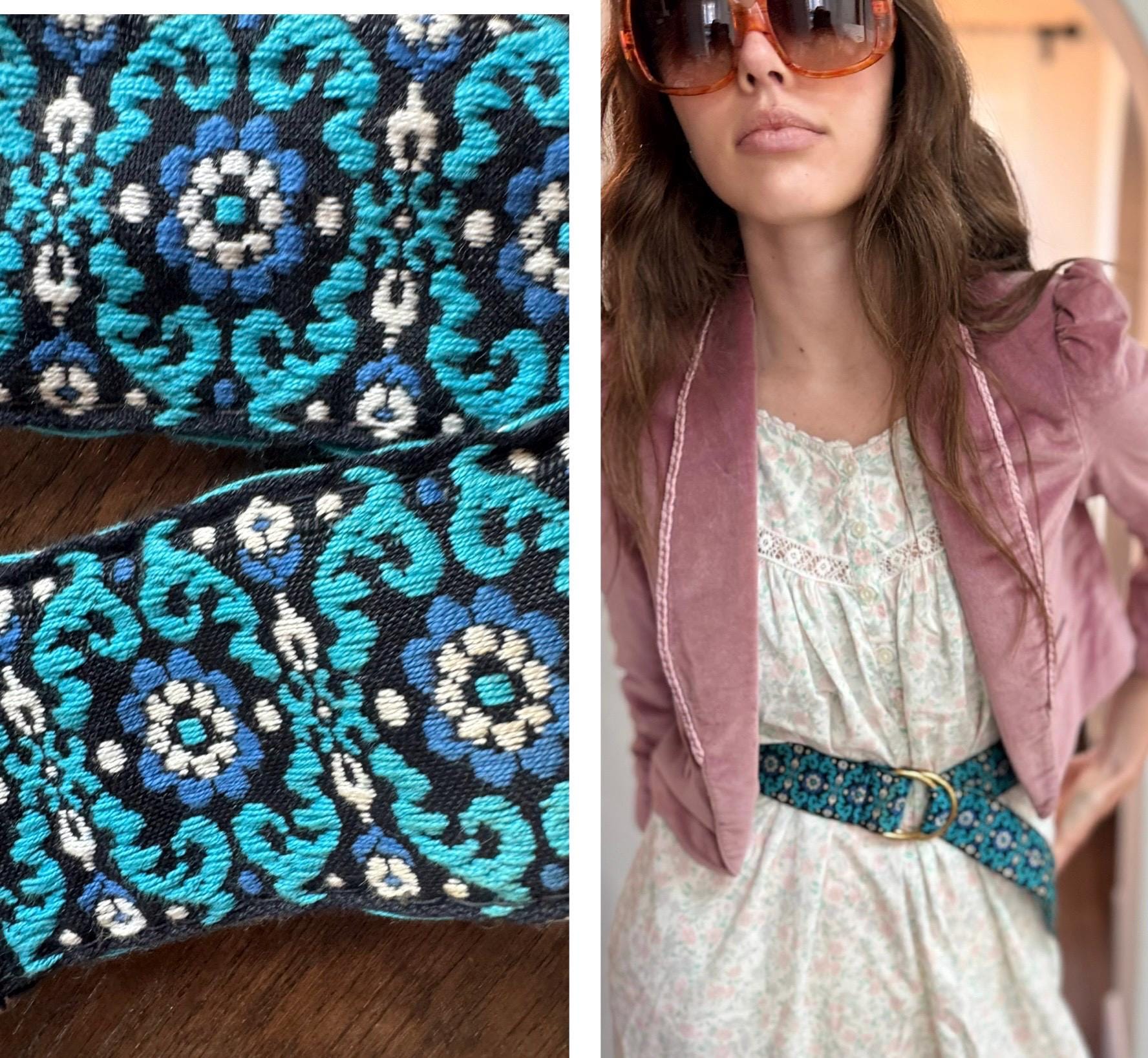 Cottage Core 70s Wide Floral Boho Belt With Brass Buckle S M 