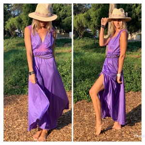 Vintage 70s Purple Slipdress goddess gown s m