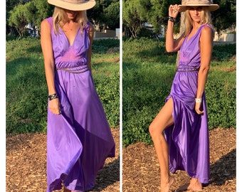 Vintage 70s Purple Slipdress goddess gown s m
