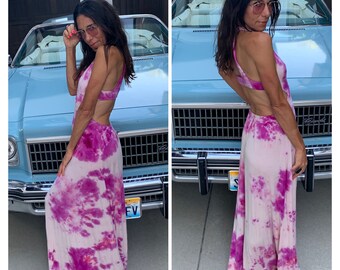 Tie dye maxi dress upcycled Slinky halter dress s