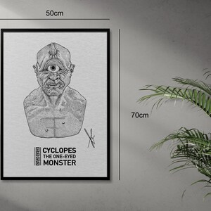May include: A framed black and white art print featuring a detailed illustration of a cyclops bust. The text reads CYCLOPES THE ONE-EYED MONSTER. Dimension lines indicate a width of 50cm and a height of 70cm for the rectangular black frame.