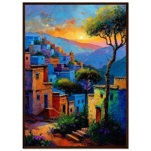 Peut inclure: Une peinture à l'huile sur toile représentant un village à flanc de colline avec des bâtiments aux tons vifs bleus, orange et jaunes. Un grand arbre sombre se dresse au premier plan sous un ciel de coucher de soleil avec des montagnes violettes.