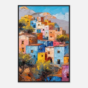 Peut inclure: Une peinture à l'huile encadrée représentant un village à flanc de colline avec des maisons colorées dans des tons de bleu, jaune, rose et orange. Les coups de pinceau texturés dépeignent des bâtiments empilés sur une pente sous un ciel bleu.