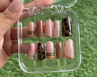 Handmade Gel Press-on nails: Brown Blooming Gel