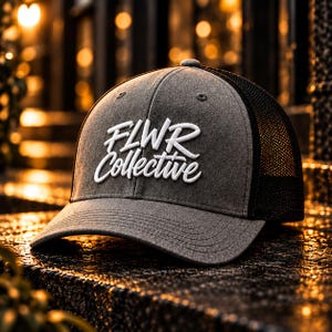 Puede incluir: Una gorra de béisbol gris con parte trasera de malla negra y visera curva. El panel frontal presenta el texto bordado en blanco FLWR Collective en fuente cursiva. La gorra tiene una corona estructurada con un botón en la parte superior.