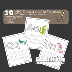 Puede incluir: Un conjunto de 30 plantillas de caligrafía ABC con hojas de práctica imprimibles. Cada página muestra una letra grande, una ilustración de animal y líneas punteadas para practicar la escritura. El texto incluye 30 ABC Trace and Write Templates, Instant download, Letter PDF, Printable y EduKits.