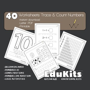 May include: A set of 40 educational worksheets for tracing and counting numbers, featuring simple addition, number lines, and logic activities. The pages include black and white graphics of numbers and basketballs, with the EduKits brand logo visible.