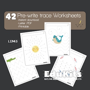 Puede incluir: Un conjunto de 42 hojas de trabajo de caligrafía y trazo en formato PDF. Las páginas incluyen líneas punteadas para trazar, con ilustraciones de un sol, una ballena, un caimán y peces. El texto dice 42 Pre-write trace Worksheets, Instant download, Letter PDF, Printable, LINES y EduKits.